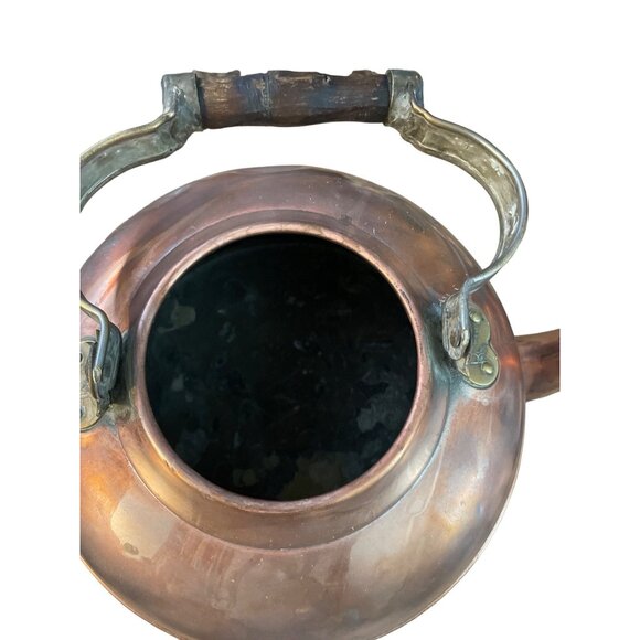 Antique Copper & Brass Tea Kettle With Wood Handle - Picture 5 of 6